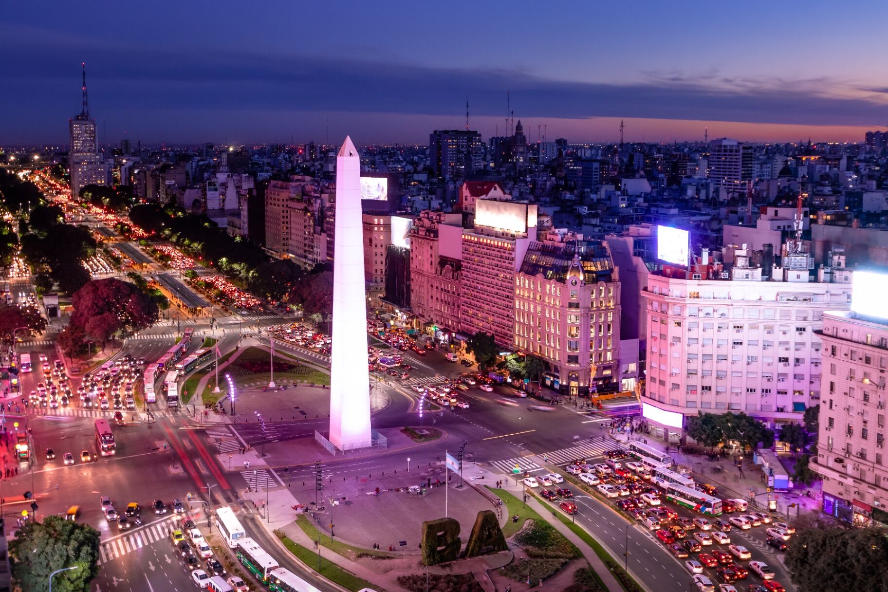 Aerial view of the Buenos Aires Obelisk on 9 de Julio Avenue at night